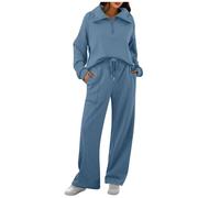 Women Oversized Long Sleeve Sweatsuit Half Zip Sweatshirt & High Waisted Pants 2 Piece Outfits with Pockets(1C-Sky Blue, XL)