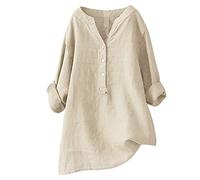 Women Oversized Shirts V Neck Button Down Summer Blouse Roll-Up Sleeve Tops Tunic Trendy Boho Ladies Clothes 2025(Beige,Small)
