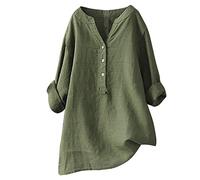 Women Oversized Shirts V Neck Button Down Summer Blouse Roll-Up Sleeve Tops Tunic Trendy Boho Ladies Clothes 2025(Army Green,Large)