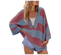 Women Oversized Striped Color Block Tees Top Half Zip Drop Shoulder Sleeves Casual Pullover T Shirt