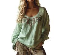 Women Oversized T Shirt Oversized Bohemian Embroidered Tops Fall Long Sleeve Vintage Loose Elegant Blouses Ladies Beach Leisure Hippie Clothes Retro Floral Pattern Tunics XXL, Green Style#2