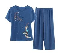 Women Pajama Top Mother Sleepwear Set 2 Pcs/set Mid-aged Pajamas O Neck Printed Short Sleeve Elastic Waist Pleated Loose Thin Wide Royal Blue 2XL
