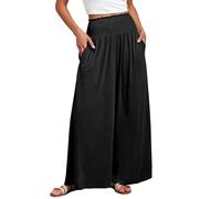 BTFONIA Women Palazzo Pants Summer Boho Bagyy Wide Leg High Smocked Waist Casual Loose Lounge Pant with Pocket(S) Black