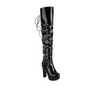 Women Patent Leather Slouch Over The Knee Boots, Back Lace Up Block Heel Platform Thigh High Boots, Round Toe High Heel Long Boots For Club Party Cosplay(Black Negro,4 UK)
