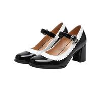 Women Patent Leather Squared Toe Mary Jane High Heels Ankle Buckle Strap Closed Toe Shallow Mouth Pumps Shoes Comfortable Elegant Dress Shoes Size 5.5 Black