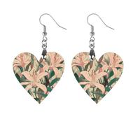 Women Peach Floral Pattern Wooden Earrings Lightweight Dangle Earrings Geometric Drop Earring Vintage Heart-Shaped Retro Daily Wear Jewelry Gift for Wedding Party Graduation