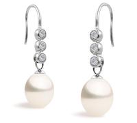 Women Pearl Earrings, Freshwater Cultured Pearls Drop Pearls 7-8 mm Sheferds Hook with three Zirconia Stones by Secret & You |Sterling Silver 925 Sheferds Hook