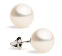 Women Pearl Earrings Freshwater Cultured Round White Pearls by Secret & You | Available in 6 sizes, from 6-6.5 mm to 11-11.5 mm | In 18 k Gold 750 stamp or in 925 Sterling Silver Rhodium Plated