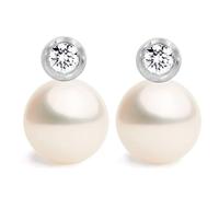 Women Pearl Omega Earrings, Fresh Water Cultured Pearls 10-11 mm with Cubic Zirconia Stone by Secret & You | Sterling Silver 925.