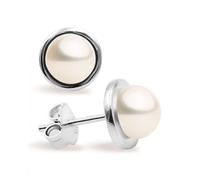 Women Pearl Stud Earrings, Fresh Water Cultured Pearls Button Shape 6-7 mm with a Silver Circle Mount by Secret & You | Sterling Silver 925 Mounts with big nuts.