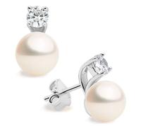 Women Pearl Stud Earrings, Fresh Water Cultured Pearls Button Shape 8-9 mm with a Cubic Zirconia Stone by Secret & You | Sterling Silver 925 Mounts with big nuts.