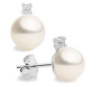 Women Pearl Stud Earrings, Fresh Water Cultured Pearls Button Shape 8-9 mm with a Small Zirconia Stone Secret & You | Sterling Silver 925 Mounts with big nuts.