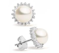 Women Pearl Stud Earrings, Fresh Water Cultured Pearls Button Shape 8-9 mm with Small Zirconia Stones Secret & You | Sterling Silver 925 Mounts with big nuts.