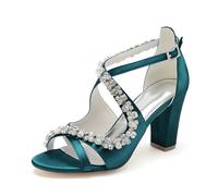 Women Peep Toe Block Heel Strappy Sandals Rhinestones Satin Bridal Wedding Evening Prom Dress Shoes CG9920-49A,Teal,7 UK
