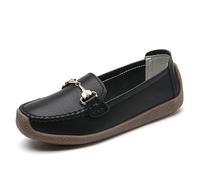 Women Penny Loafers Leather Low Heel Classic Handsewn Round Toe Slip On Casual Comfort Walking Office Work Fashion Driving Moccasins (Black,4.5)