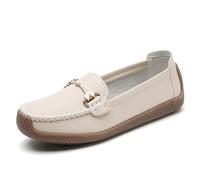 Women Penny Loafers Leather Low Heel Classic Handsewn Round Toe Slip On Casual Comfort Walking Office Work Fashion Driving Moccasins (Beige,4)