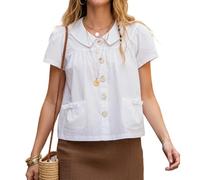 Women Peter Pan Collar Blouse Ruffle Basic Button Front Short Sleeve Babydoll Shirt Casual Summer Going Out Top (White, M)
