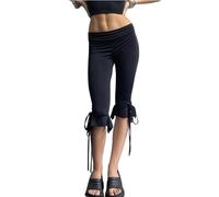 Women Petite Flare Pants Cropped Yoga Crop Leggings Capris Stretchy Skinny Ruffle Work Ankle Pants (A-Black, L)