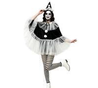 Women Pierrot Clown Halloween Cosplay Costume Cloak Collar Hat Pantyhose | 4Pcs Mesh Cloak Collar Black White Striped Pantyhose Hat Dress Up Outfit