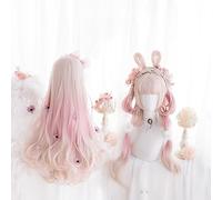 Women Pink Gradient Long Wavy Curly Soft Girl Princess Harajuku Wigs with Bangs (pink)
