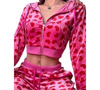 Women Pink Heart Print Zip Up Y2K Velvet Crop Hoodies Long Sleeve Kawaii Cropped Sweatshirts Cute Autumn Winter Pants Clothes Set (Red TOP, Small)