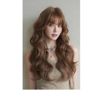 Women Pink Wavy Synthetic Wig With Bangs Natural Long Curly Hair Cosplay Layered Daily Heat Resistant Flaxen Tea Brown B