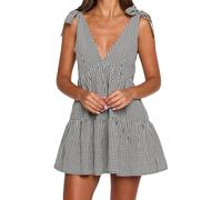 Women Plaid A-Line Mini Dress Summer Casual Tie up Strap V-Neck Vintage Sleevelss Dress for Beach Club Streetwear (Black, M)