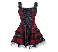 Women Plaid Lace-up Dress Gothic Girls Sleeveless Tartan Mini Party Dress Vintage Lace Steampunk Lolita Ruffled Dress/Halloween Costume Outfits Fancy Dresses/Shipping 7 Days Red