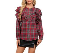 Women Plaid Ruffle Blouse Long Sleeve Button Down Shirt Christmas Tartan Top Casual Holiday Checkered Shirt, Red, L