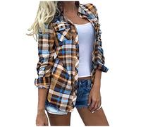 Women Plaid Shirt Clearance Tartan Flannel Shirts Checked Lapel Long Sleeve Button Down Shirts Office Work Blouses Fall Lightweight Comforty Jackets Casual Loose Coats Boyfriend Tops UK Size S-XXL