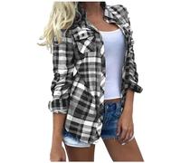 Women Plaid Shirt Clearance Tartan Flannel Shirts Checked Lapel Long Sleeve Button Down Shirts Office Work Blouses Fall Lightweight Comforty Jackets Casual Loose Coats Boyfriend Tops UK Size S-XXL