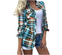 Women Plaid Shirt Clearance Tartan Flannel Shirts Checked Lapel Long Sleeve Button Down Shirts Office Work Blouses Fall Lightweight Comforty Jackets Casual Loose Coats Boyfriend Tops UK Size S-XXL