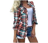 Women Plaid Shirt Clearance Tartan Flannel Shirts Checked Lapel Long Sleeve Button Down Shirts Office Work Blouses Fall Lightweight Comforty Jackets Casual Loose Coats Boyfriend Tops UK Size S-XXL