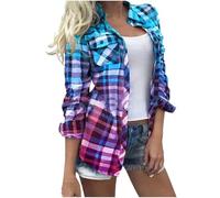 Women Plaid Shirt Clearance Tartan Flannel Shirts Checked Lapel Long Sleeve Button Down Shirts Office Work Blouses Fall Lightweight Comforty Jackets Casual Loose Coats Boyfriend Tops UK Size S-XXL