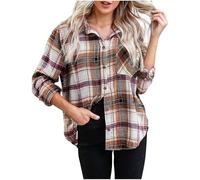 Women Plaid Shirt Clearance Tartan Flannel Shirts Checked Lapel Long Sleeve Button Down Shirts Office Work Blouses Fall Lightweight Comforty Jackets Casual Loose Coats Boyfriend Tops UK Size S-XXL
