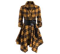 Women Plaid Shirt Dress Long Sleeve Checked Tartan Button Down Dress Asymmetric High Low Flared Mini Dress with Belted Ladies Turn-down Collar Casual Dance Dress High Waist Short Dresses Streetwear
