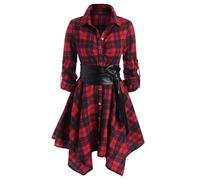 Women Plaid Shirt Dress Long Sleeve Checked Tartan Button Down Dress Asymmetric High Low Flared Mini Dress with Belted Ladies Turn-Down Collar Casual Dance Dress High Waist Short Dresses Streetwear
