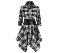 Women Plaid Shirt Dress Long Sleeve Checked Tartan Button Down Dress Asymmetric High Low Flared Mini Dress with Belted Ladies Turn-down Collar Casual Dance Dress High Waist Short Dresses Streetwear