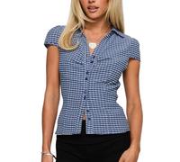 Women Plaid Short Sleeve Shirt Casual Lapel Collar Button Closure Slim-fit Tops Summer Basic Tight Office Blouse Streetwear (Blue J, S)