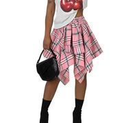 Women Plaid Skirts High Waisted Asymmetrical Mini Pleated Short, White Pink, 4XL