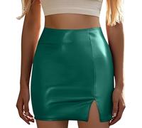 Women Plain PU Leather Zipper Wrap Leather Buttocks Skirt, Green, L
