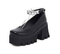 Women Platform Block Heels Pumps Square Toe Chain Ankle Strap Mary Janes Gothic Punk Lolita Shoes,Black,5 UK
