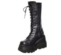 Women Platform Boots Gothic Punk Lace up Wedge Mid Calf Boots Winter Chunky Heel Combat Booties High Heels Faux Leather Casual Shoes