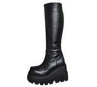 Women Platform Boots Gothic Punk Lace up Wedge Mid Calf Boots Winter Chunky Heel Combat Booties High Heels Faux Leather Casual Shoes