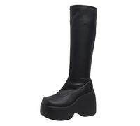 Women Platform Boots Wedge Chunky Heel High Knee Boots Ladies Punk Leather Mid Claf Zip Bootie Combat Biker Motorcycle Boots Fashion Vintage Wide Width Western Boots Winter Warm Riding Boots Size 7