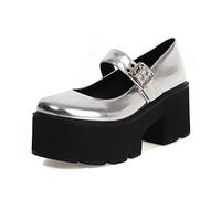 Women Platform Mary Jane Shoes Pumps Chunky Heel Ankle Strap Round Toe Gothic Lolita Shoes,Silver,6.5 UK
