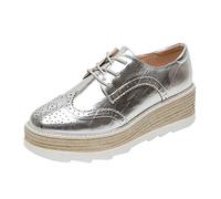Women Platform Shoes Solid Color Brogue Low-Top Lace-Up Causal Shoes Anti-Skid Durable Fashion Daily Creepers Shoes Silver 4 UK
