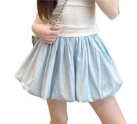 Women Pleated Bubble Mini Skirt Ruffle Hem Elastic Waist Puffy Short Tee Girls Cute Aline Balloon for Casual Daily(Blue,XXXL)