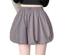 Women Pleated Bubble Mini Skirt Ruffle Hem Elastic Waist Puffy Short Tee Girls Cute Aline Balloon for Casual Daily(Grey,L)