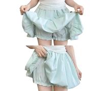 Women Pleated Bubble Mini Skirt Ruffle Hem Elastic Waist Puffy Short Tee Girls Cute Aline Balloon for Casual Daily(Green,L)